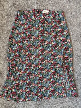 SEZANE Green Floral Midi Skirt with Multicolor Blooms